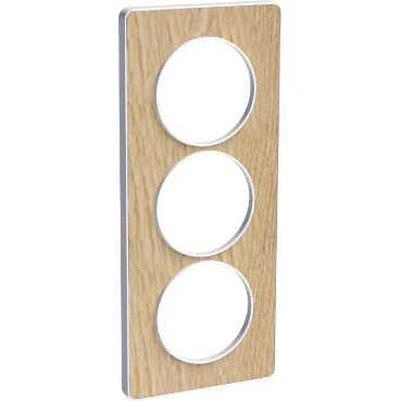 Odace touch, plaque bois naturel avec liseré blanc 3 postes verticaux 57mm